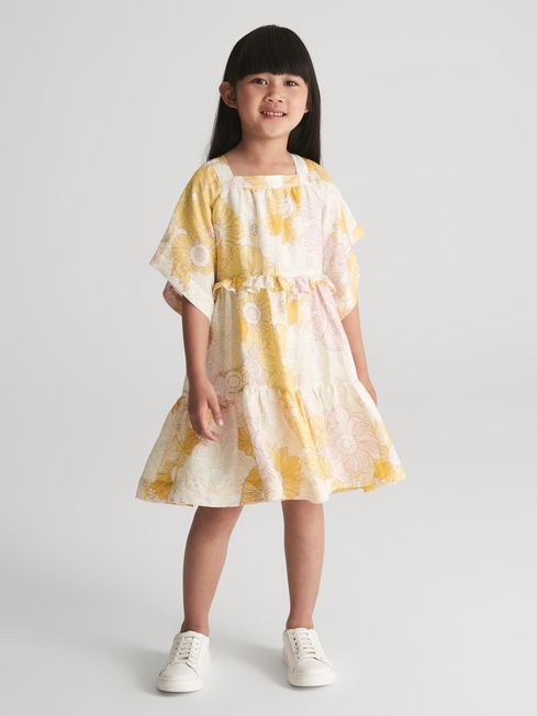 Reiss Yellow Allie Junior Printed Tiered Mini Dress