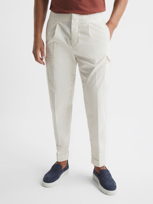 Reiss White Cargo Pleat Front Tapered Cargo Trousers