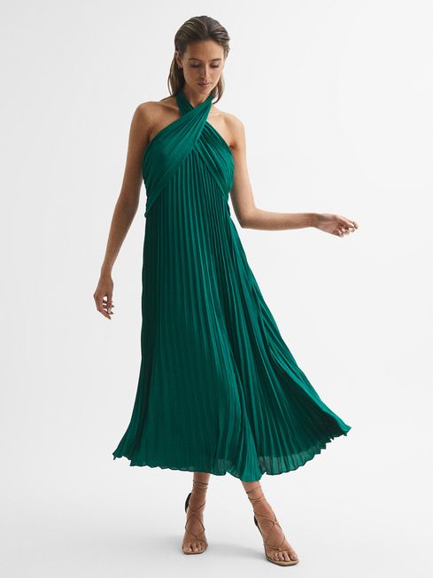 Reiss Roya Halter Neck Pleat Midi Dress | REISS Saudi Arabia