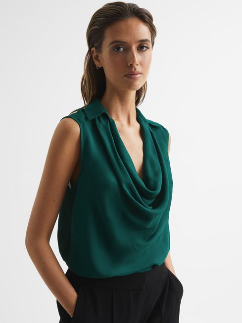 Reiss Green Ameliee Cowl Front Sleeveless Blouse
