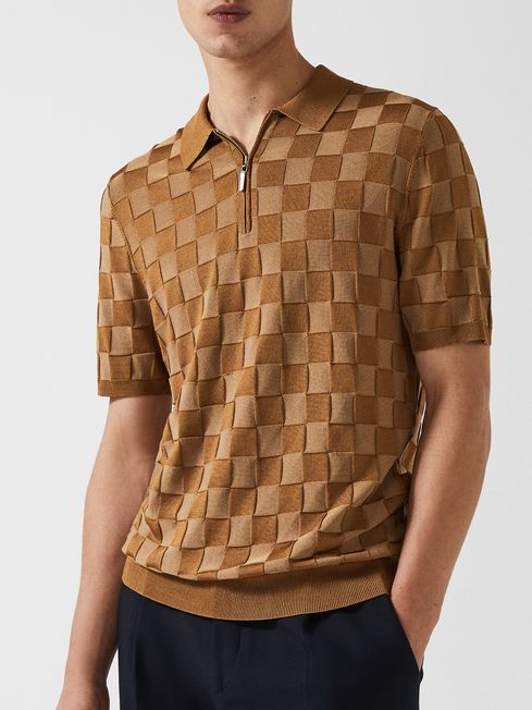 Reiss Tobacco Bali - Che Basket Weave Half Zip Polo T-Shirt