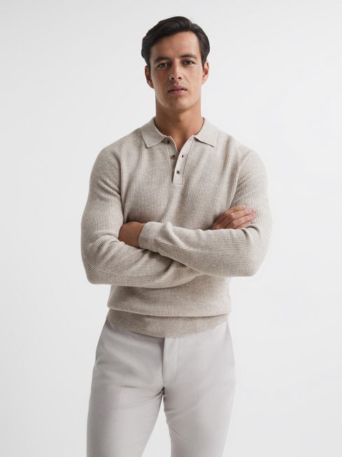 Reiss Oatmeal Holmes Buttoned Ribbed Polo Top