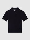 Reiss Navy Maxwell Merino Zip Neck Polo T-Shirt