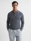 Reiss Mid Grey Melange Holmes Buttoned Ribbed Polo Top