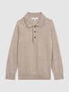 Reiss Wheat Melange Trafford Senior Merino Wool Polo Shirt