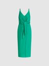 Reiss Bright Green Kay Tie Detail Linen Midi Dress