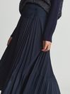 Reiss Navy Iris Asymmetric Pleated Midi Skirt