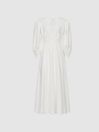 Reiss White Christie Puff Sleeve Plunge Midi Dress