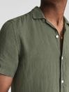 Reiss Olive Rufus Linen Cuban Collar Shirt