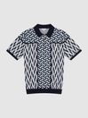Reiss Blue Egon Half Zip Geometric Polo T-Shirt
