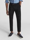 Reiss Black Crease Linen Belted Tapered Trousers
