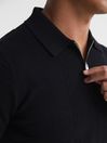 Reiss Black Dean Half Zip Stitch Interest Polo T-Shirt