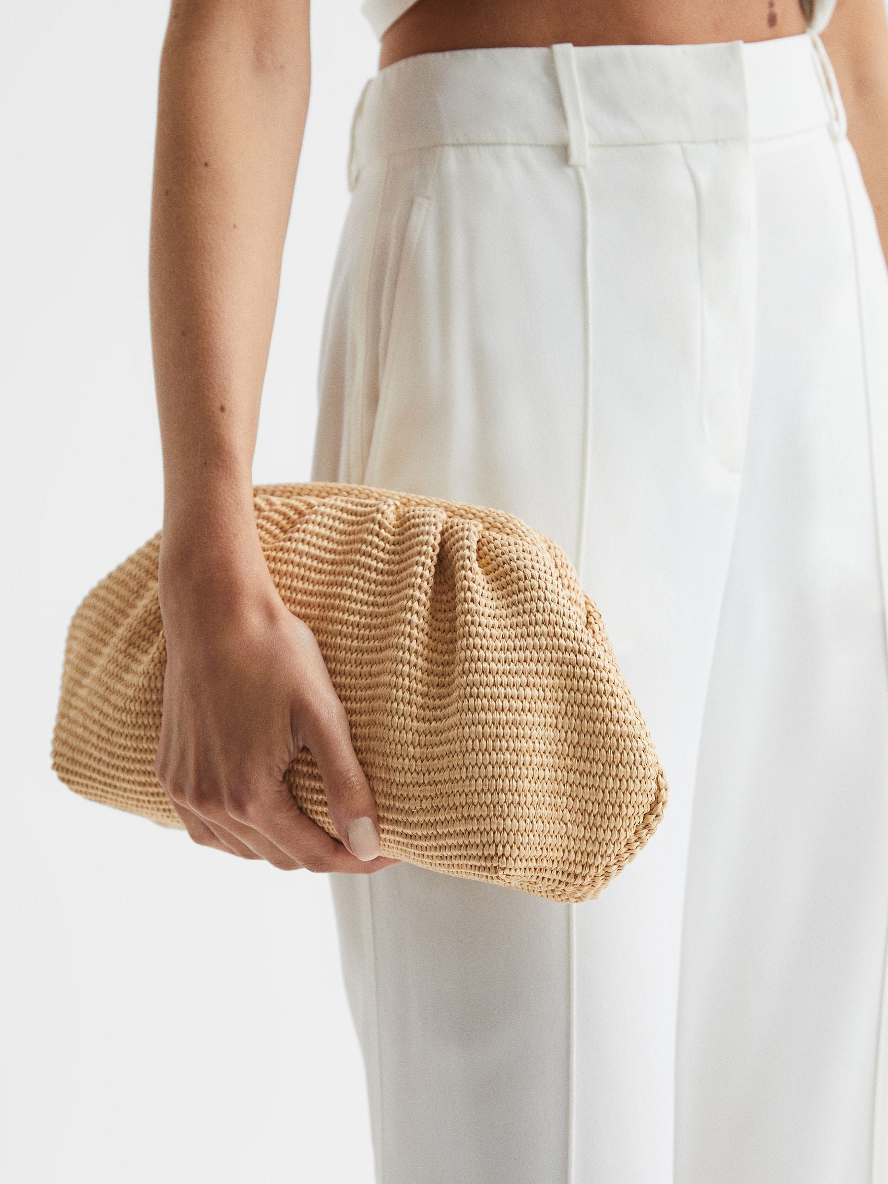Reiss Delilah Raffia Ruched Clutch Bag REISS USA