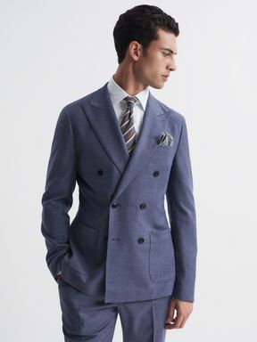 Airforce Blue Reiss Marquee Double Breasted Wool Blend Blazer