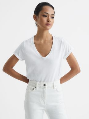 White Reiss Luana Cotton Jersey V-Neck T-Shirt