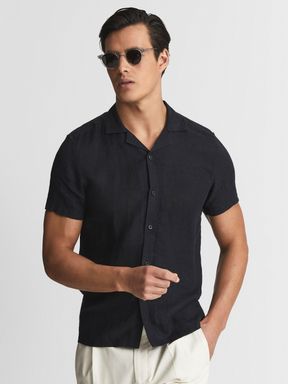 Black Reiss Rufus Linen Cuban Collar Shirt