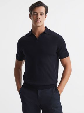 Navy Reiss Duchie Merino Wool Open Collar Polo Shirt