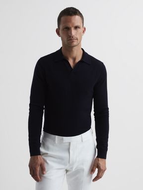 Navy Reiss Milburn Merino Wool Open Collar Polo Shirt