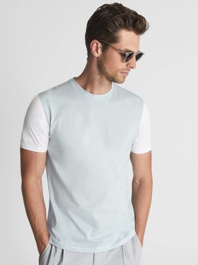 White/ Soft Blue Reiss Marrow Mercerised Contrast Sleeve T-Shirt