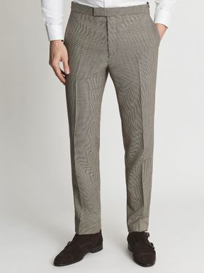 Oatmeal Reiss March Slim Fit Wool Puppytooth Mixer Trousers
