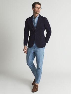 Navy Reiss Supple Single Breasted Knitted Textured Blazer