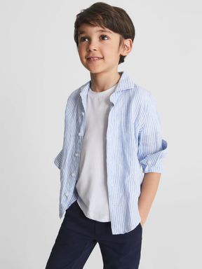 White/Blue Reiss Ruban Junior Linen Regular Fit Shirt