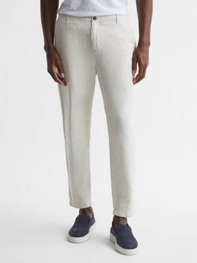 Soft Beige Reiss Truce Cotton Linen Blend Casual Trousers