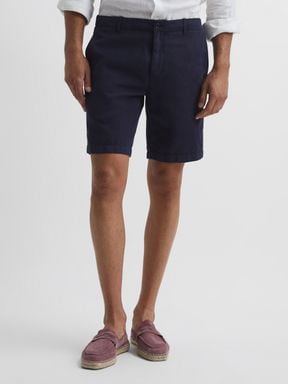 Navy Reiss Ezra Cotton Linen Blend Shorts