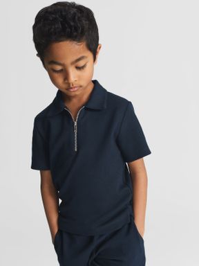 Navy Reiss Billy Junior Half Zip Textured Polo T-Shirt