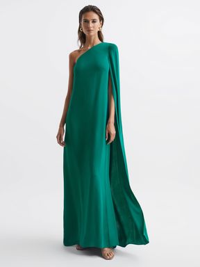 Green Reiss Nina Cape One Shoulder Maxi Dress