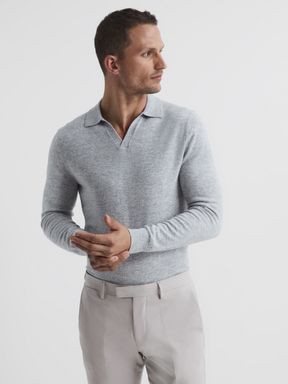 Soft Grey Melange Reiss Swift Wool Blend Open Collar Polo Shirt