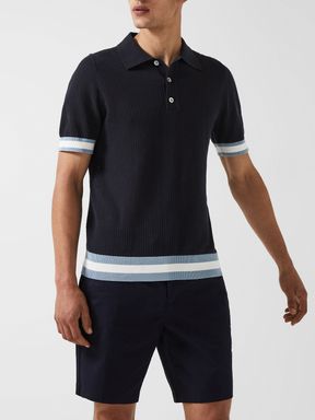 Navy Reiss Quinn - Che Half Button Contrast-Sleeve Polo T-Shirt