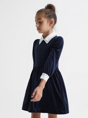 Navy Reiss Riley Diamanté Collar Velvet Dress