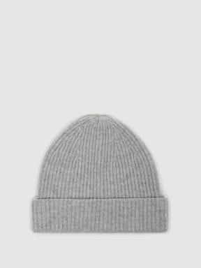 Soft Grey Reiss Cara Cashmere Ribbed Beanie Hat