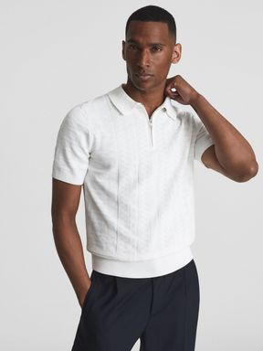 White Reiss Dean Half Zip Stitch Interest Polo T-Shirt