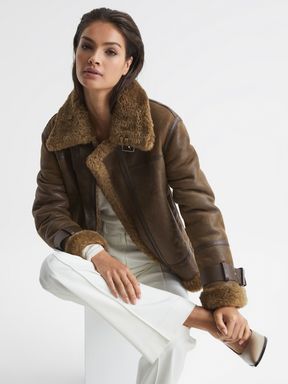 Brown Reiss Daia Aviator Leather Jacket