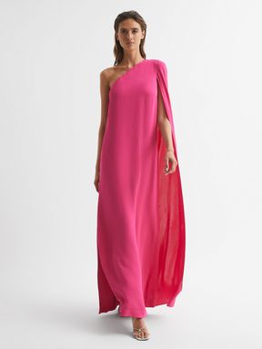 Pink Reiss Nina Cape One Shoulder Maxi Dress