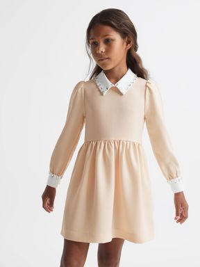 Nude Reiss Riley Diamanté Collar Fit And Flare Dress
