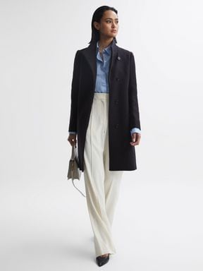 Navy Reiss Mia Wool-Blend Mid Length Coat