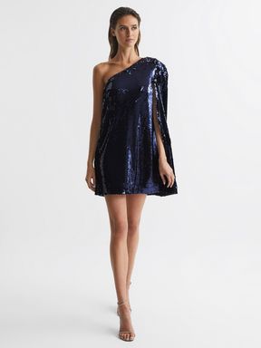 Blue Reiss Eva Sequin Cape One Shoulder Mini Dress