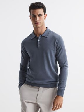 Nickel Blue Reiss Trafford Merino Wool Polo Shirt