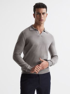 Flint Grey Reiss Milburn Merino Wool Open Collar Polo Shirt