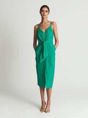 Bright Green Reiss Kay Tie Detail Linen Midi Dress