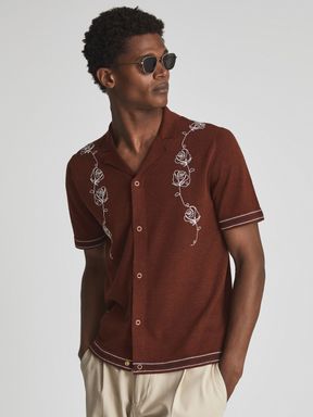 Rust Reiss Sampson Cuban Collar Embroidered Shirt