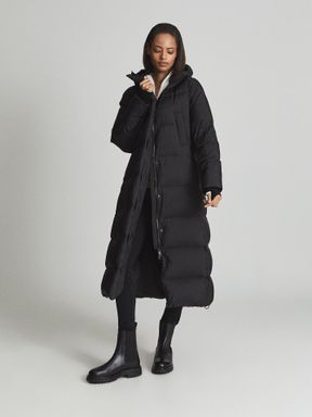 Black Reiss Tilde Longline Hooded Puffer Coat