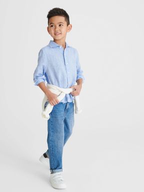 Soft Blue Reiss Ruban Junior Long Sleeve Linen Shirt
