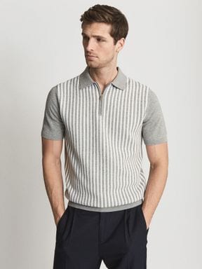 Soft Grey Reiss Clifford Texturedzip Neck Polo T-Shirt