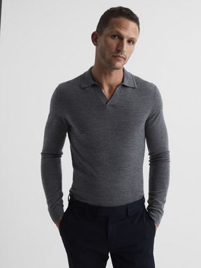 Mid Grey Melange Reiss Milburn Merino Wool Open Collar Polo Shirt