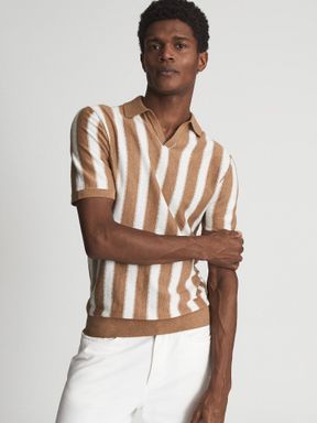 Ecru/Camel Reiss Morocco Open Collar Stripe Polo Shirt