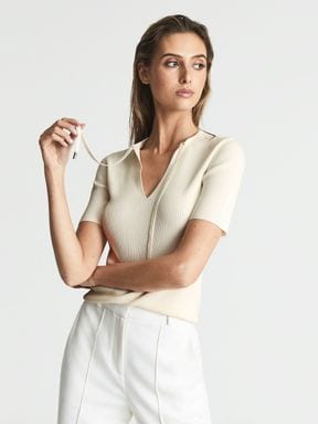 Cream Reiss Sian Tie Neck Knitted Top